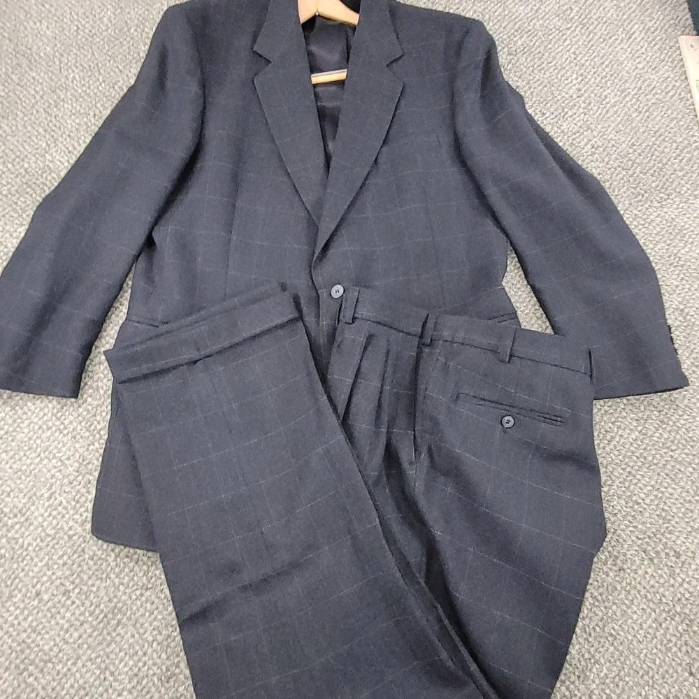 Warren Scott Mens 44L Suit Pure Wool Windowpane Charcoal Grey 2 Button Pleated